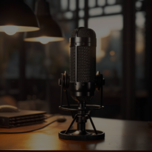 ai-generated-a-microphone-sits-on-a-desk-in-a-home-office-free-photo 1