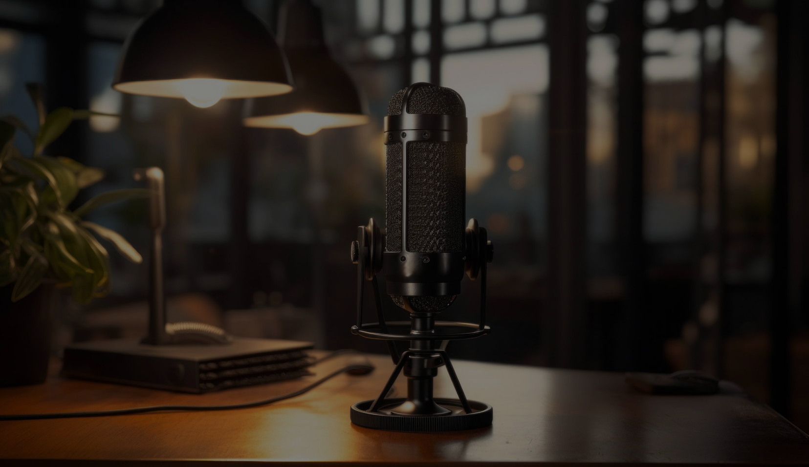 ai-generated-a-microphone-sits-on-a-desk-in-a-home-office-free-photo 1